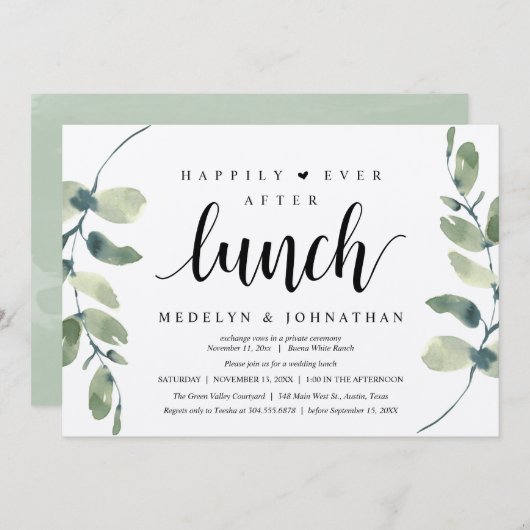 Invitation Happily Ever After Lunch, Greenery Rustic Wedding  (Devant / Derrière)
