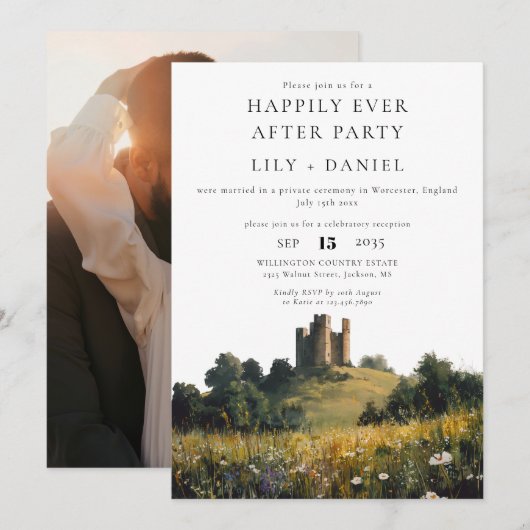 Invitation Happily Ever After Photo Floral Castle Wedding (Devant / Derrière)
