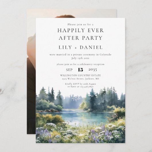 Invitation Happily Ever After Photo Forest Lakeside Wedding (Devant / Derrière)