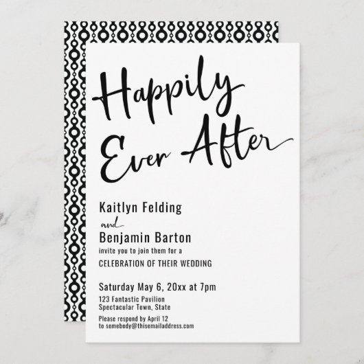 Invitation Happily Ever After Typographie Gras Noir Blanc (Devant / Derrière)