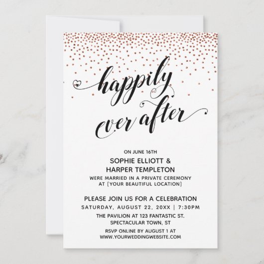 Invitation Happily Ever Ever Cœurs Script Confettis Cuivre (Devant)