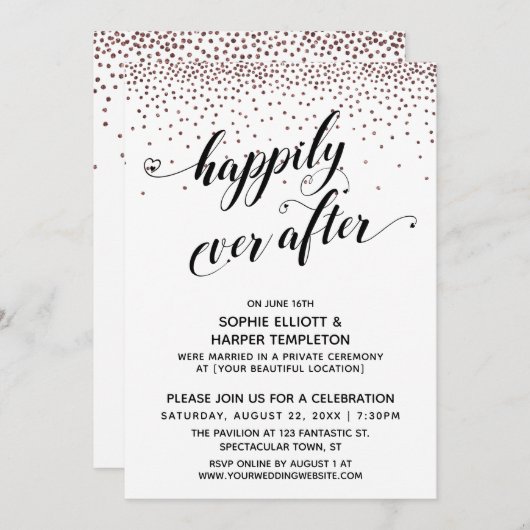 Invitation Happily Ever Ever Cœurs Script Rose Gold Confetti (Devant / Derrière)