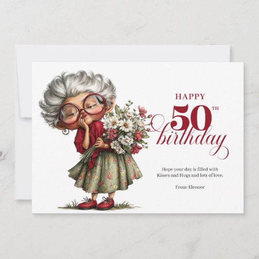 Invitation Happy 50th quirky woman card fun whimsical humor (Devant)