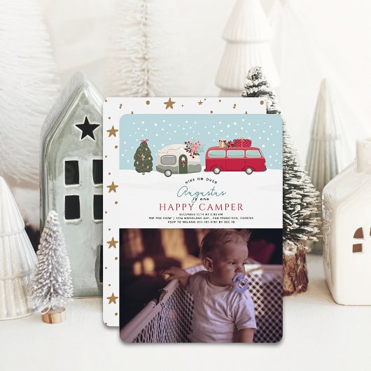 Invitation Happy Camper Christmas Blue 1st Birthday Photo