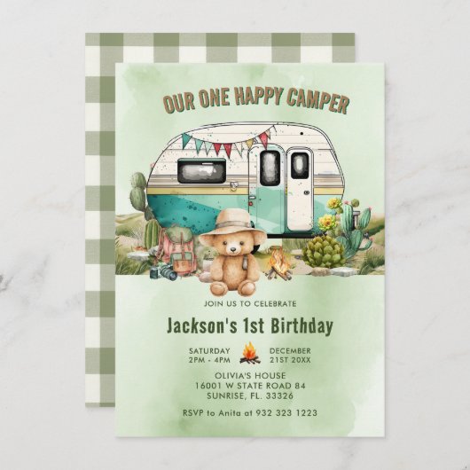 Invitation Happy Camper été 1er anniversaire (Devant / Derrière)