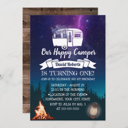 Invitation Happy Camper Forest Camping extérieur 1er annivers (Devant / Derrière)