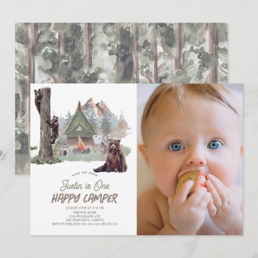 Invitation Happy Camper Mountain Bears Boy 1er anniversaire (Devant / Derrière)