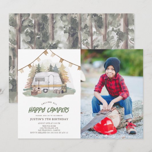 Invitation Happy Camper Mountain Forest Boy Birthday Photo (Devant / Derrière)