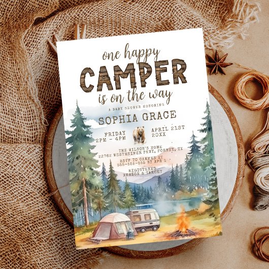 Invitation Happy Camper Watercolor Baby shower boisé