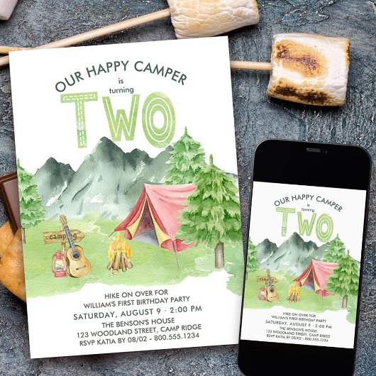Invitation Happy Camper Watercolor Boys 2e anniversaire