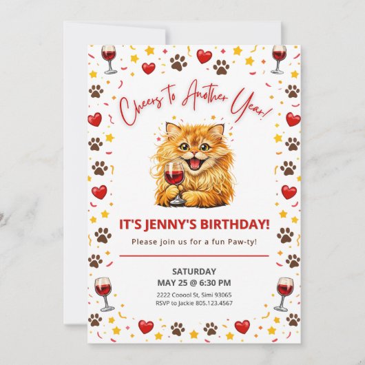 Invitation Happy Cat Wine Birthday Cheers to Another Year (Devant)