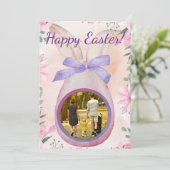 Invitation Happy Easter pink egg with bow insert photo (Debout devant)