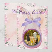 Invitation Happy Easter pink egg with bow insert photo (Devant / Derrière)