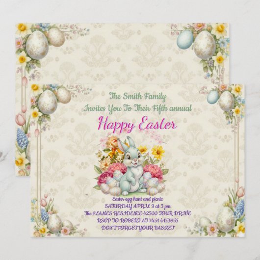 Invitation Happy Eeaster Cute Bunny (Devant / Derrière)