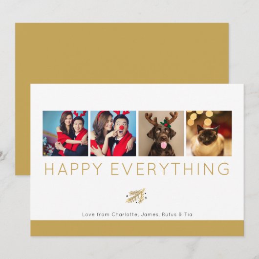 Invitation Happy Everything Holiday Four Photo Gold Foliage (Devant / Derrière)