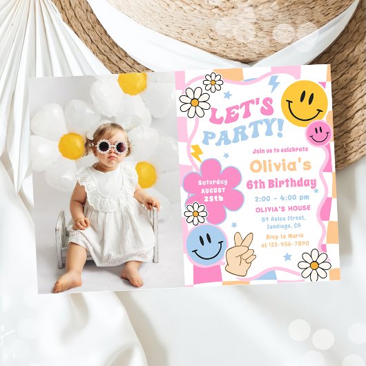 Invitation Happy Face Smile Super À damiers photo d'anniversa