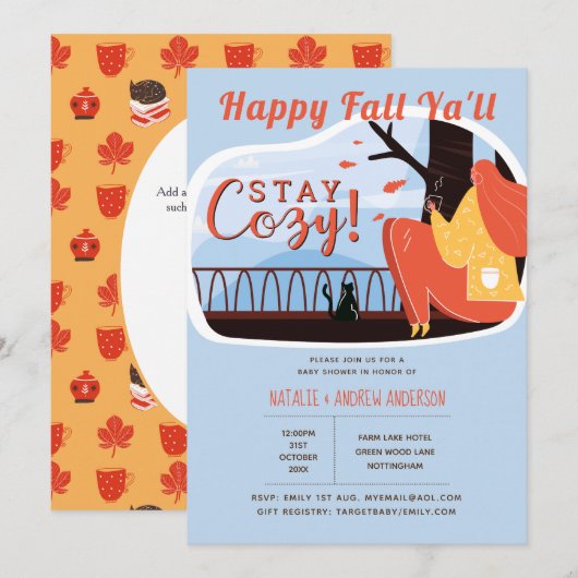 Invitation Happy Fall Ya'll Stay Cosy Folk Art Baby shower (Devant / Derrière)