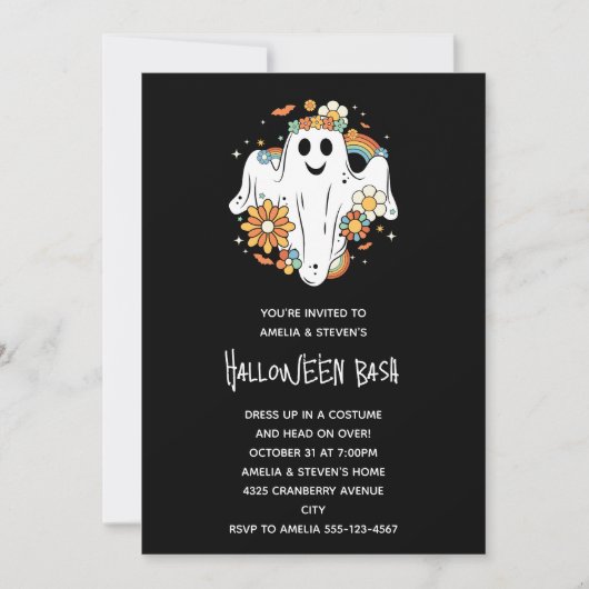 Invitation Happy Ghost Retro Hippie Vibe Halloween (Devant)
