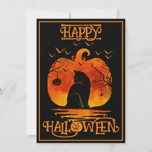 Invitation Happy Halloween Black Cat Spider Bats