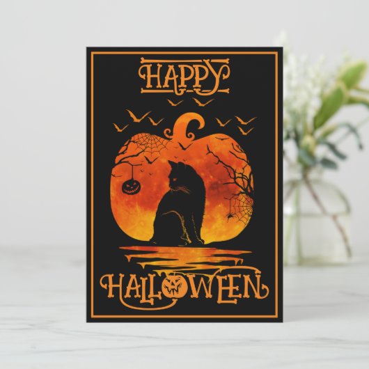 Invitation Happy Halloween Black Cat Spider Bats (Debout devant)