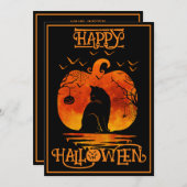 Invitation Happy Halloween Black Cat Spider Bats (Devant / Derrière)