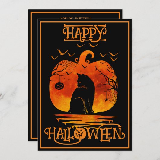 Invitation Happy Halloween Black Cat Spider Bats (Devant / Derrière)