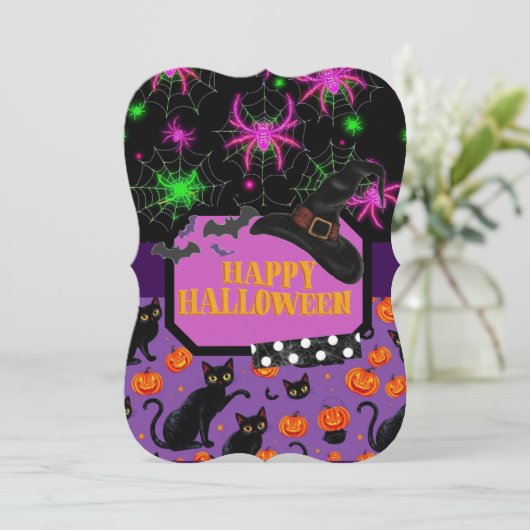 Invitation Happy Halloween Chat noir et Spiderweb (Debout devant)