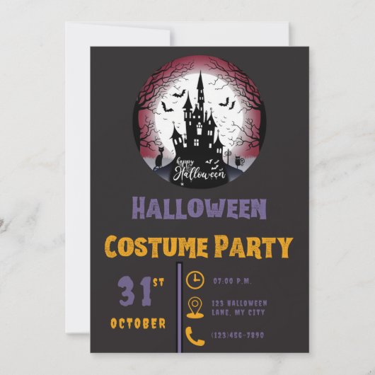 Invitation Happy Halloween Haunted Maison Lune Black Hallowee (Devant)