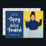 Invitation Happy Hanoukka Candles Blue Holidays photo<br><div class="desc">Carte de voeux Festive Hanoukka Holiday avec votre meilleure photo de portrait et "happy hanoukka" en typographie de brosse à lettres et bougies dans les tons bleus et jaunes. Personnalisez le texte personnalisé avec votre nom et votre année. Les cartes sont retournées à un motif d'étoiles d'un arrière - plan...</div>