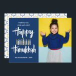 Invitation Happy Hanoukka Candles Blue Holidays photo<br><div class="desc">Carte de voeux Festive Hanoukka Holiday avec votre meilleure photo de portrait et "happy hanoukka" en typographie de brosse à lettres et bougies dans les tons bleus et jaunes. Personnalisez le texte personnalisé avec votre nom et votre année. Les cartes sont retournées à un motif d'étoiles d'un arrière - plan...</div>