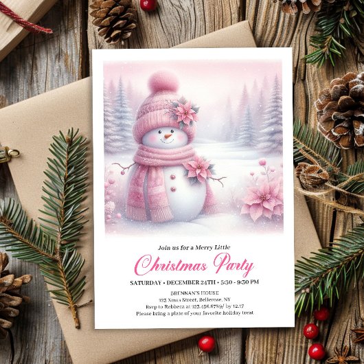 Invitation Happy Pink Coquette Snowman Editable Christmas