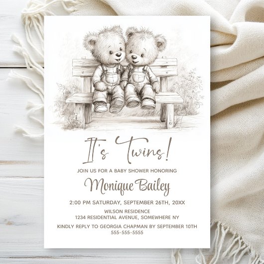 Invitation Happy Teddy Bear Twins Baby Shower