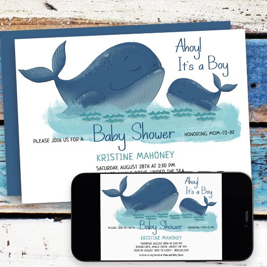 Invitation Happy Whale Ahoy c'est un Baby shower d'aquarelle 