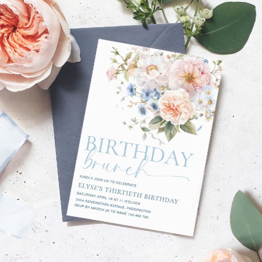 Invitation Hargrove Blue Floral Anniversaire Brunch