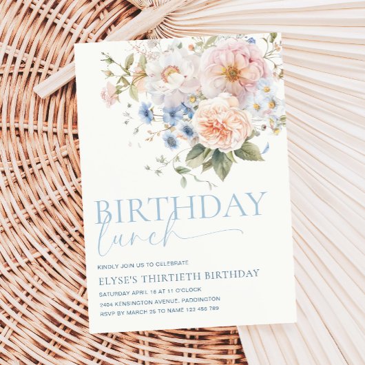 Invitation Hargrove Blue Floral Anniversaire Déjeuner