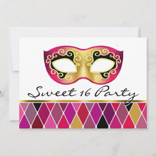 Invitation Harlequin Masquerade Sweet sixteen Party (fuschia)