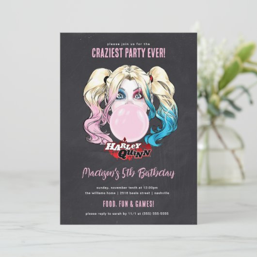 Invitation Harley Quinn Girls Chalkboard Anniversaire (Debout devant)