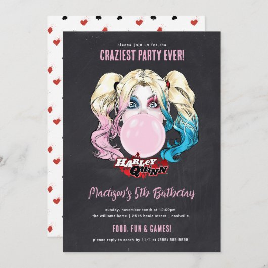 Invitation Harley Quinn Girls Chalkboard Anniversaire (Devant / Derrière)