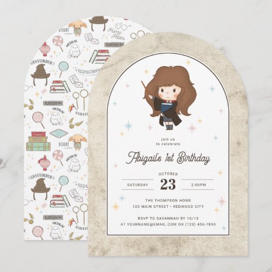 Invitation Harry Potter | ChibiHermione Magicienne Anniversai (Devant / Derrière)