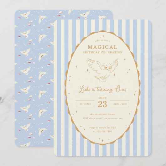 Invitation Harry Potter Hedwig Blue Magical Birthday (Devant / Derrière)