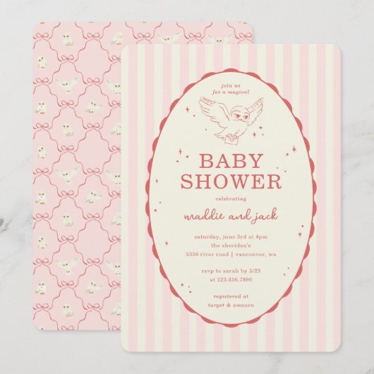 Invitation Harry Potter Hedwig Pink Stripe Baby Shower (Devant / Derrière)