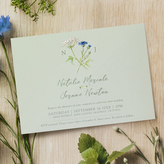 Invitation Hartwort de Cornflower botanique vert bleu mariage