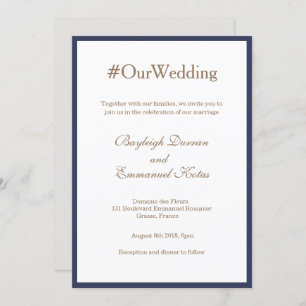 Invitation Hashtag Millennial Navy Blue Gold White Mariage