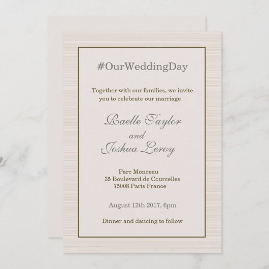 Invitation Hashtag personnalisation or gris rayures mariage (Devant / Derrière)