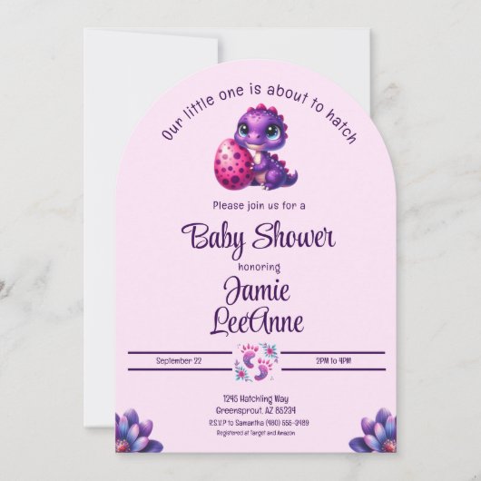 Invitation Hatching Bientôt Baby Dinosaur Baby shower rose (Devant)