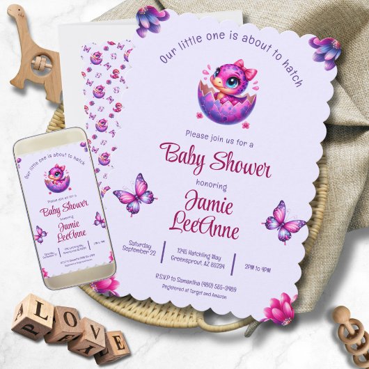 Invitation Hatching Bientôt Baby Purple Dinosaur Baby shower