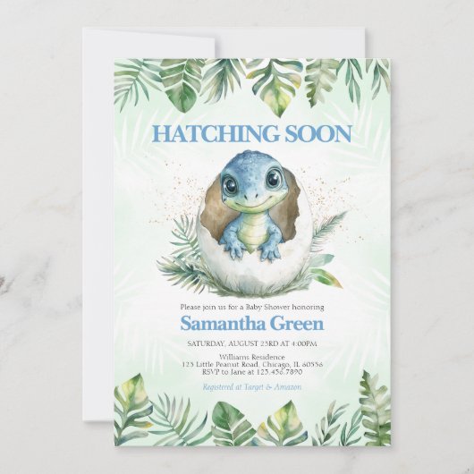 Invitation Hatching Bientôt Dinosaur Baby shower (Devant)