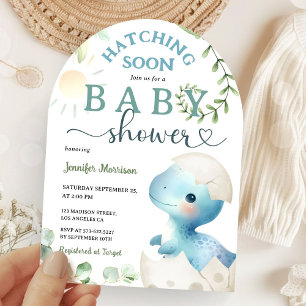 Invitation Hatching Bientôt Dinosaur Baby shower Garçon bleu 