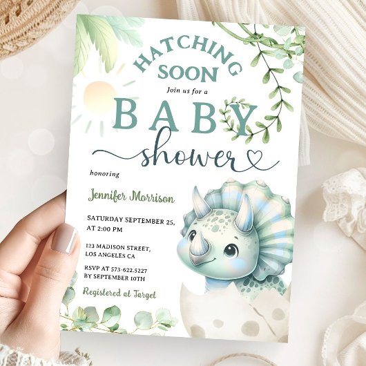 Invitation Hatching Bientôt Dinosaur Baby shower Garçon Bleu
