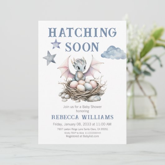 Invitation Hatching Bientôt mignon petit Baby shower Dragon (Debout devant)